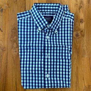 Charles Tyrwhitt men’s blue gingham short sleeve non-iron shirt— size S SLIM